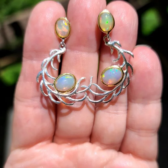 Opal feather sterling earrings - Picture 3 of 6